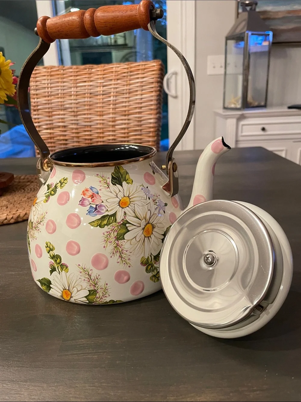 MacKenzie-Childs Pink Polka Dot Floral Enamel Teapot with Wooden Handle